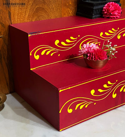 Red Hand painted Wooden Steps Altar for Wooden Home Temple | GOLU Stand Kolu Padi (Set of 2)