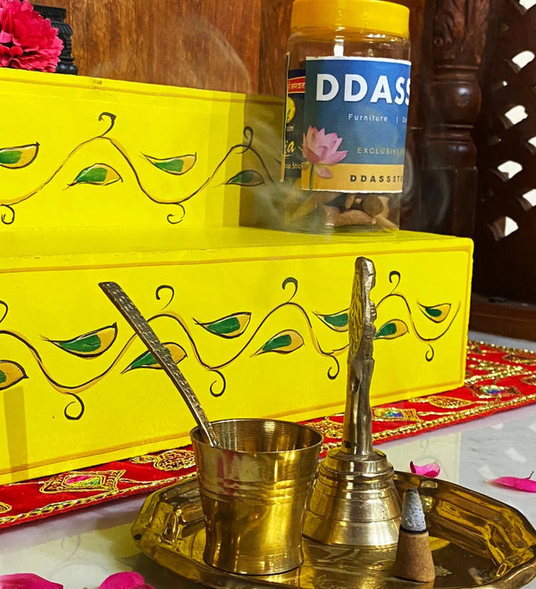 Yellow Handpainted Steps Altar for Wooden Home Temple | GOLU Stand Kolu Padi (Set of 2) - D'DASS Store