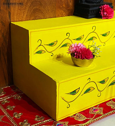 Yellow Handpainted Steps Altar for Wooden Home Temple | GOLU Stand Kolu Padi (Set of 2) - D'DASS Store