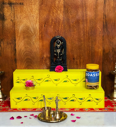 Yellow Handpainted Steps Altar for Wooden Home Temple | GOLU Stand Kolu Padi (Set of 2)