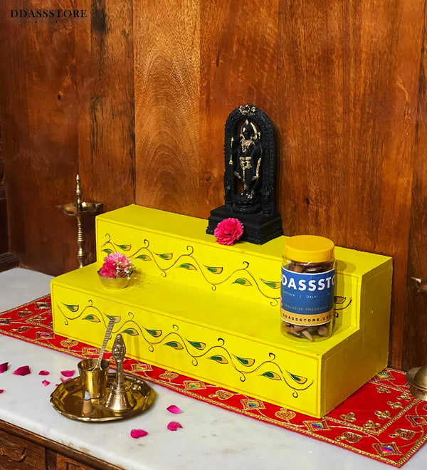 Yellow Handpainted Steps Altar for Wooden Home Temple | GOLU Stand Kolu Padi (Set of 2) - D'DASS Store