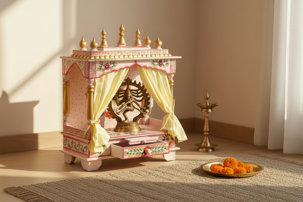 Pink Leaf Sheesham MDF Wooden Pooja Temple Puja Mandap For Office | DDASSWT2412PL - D'DASS Store