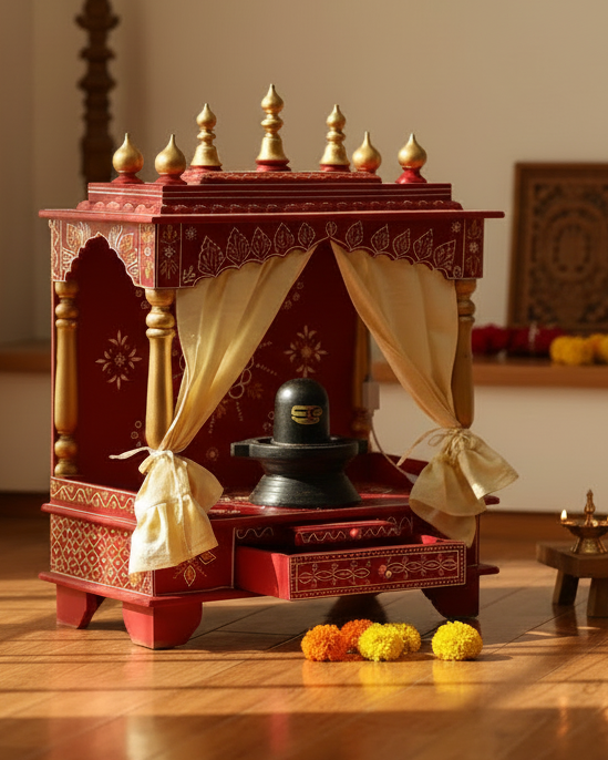 Red Sheesham MDF Wooden Pooja Temple Puja Mandap For Office | DDASSWT2412RR - D'DASS Store