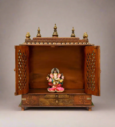 Big Sheesham Copper Wooden MDF Pooja Temple For Office | DDASSM11BIG - D'DASS Store