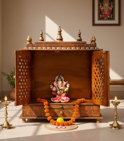 Big Sheesham Copper Wooden MDF Pooja Temple For Office | DDASSM11BIG