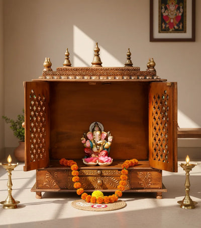 Big Sheesham Copper Wooden MDF Pooja Temple For Office | DDASSM11BIG - D'DASS Store