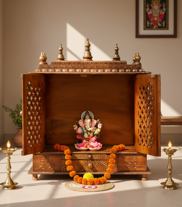 Big Sheesham Copper Wooden MDF Pooja Temple For Office | DDASSM11BIG