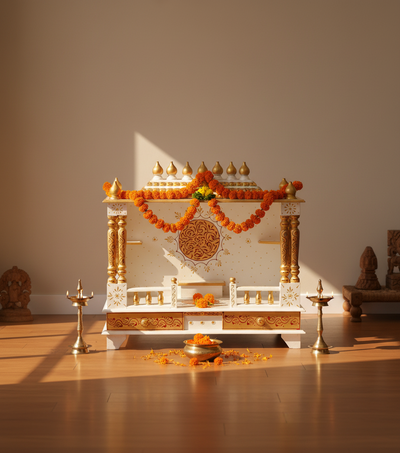 Big Sheesham MDF White Wooden Pooja Temple for Home | DDASSWT3211RG