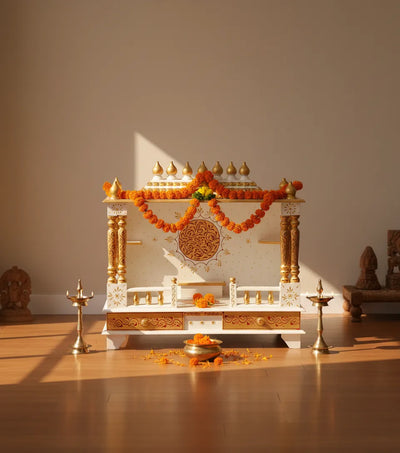 Big Sheesham MDF White Wooden Pooja Temple for Home | DDASSWT3211RG - D'DASS Store