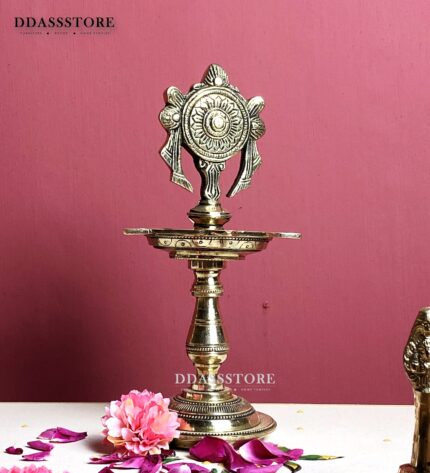 Traditional Brass Vishnu Shankh Chakra Standing Diya Lamp for Home Temple